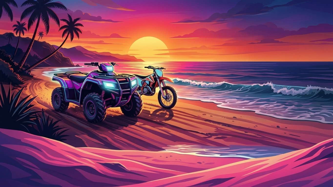 ATV and dirt bike on the beach at sunset, Santa Teresa